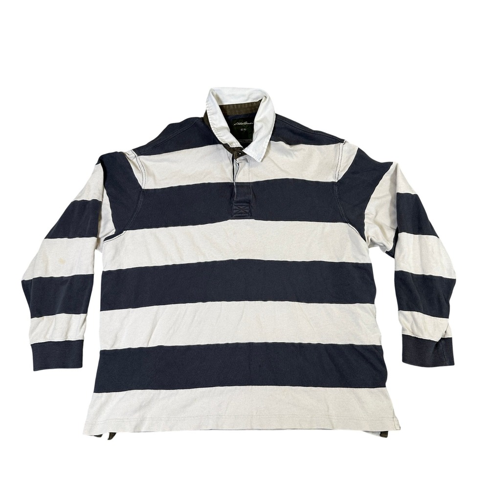 Eddie Bauer Mens XL Rugby Shirt Navy Blue Cream Striped Long Sleeve Cotton